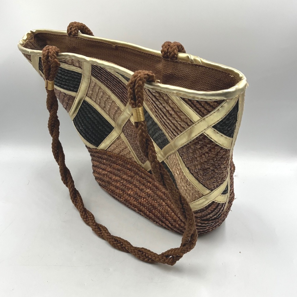 Worthington Tote Bag Brown Womens Woven Straw Gold Trim H 10 x W 14 x D 4.5 in